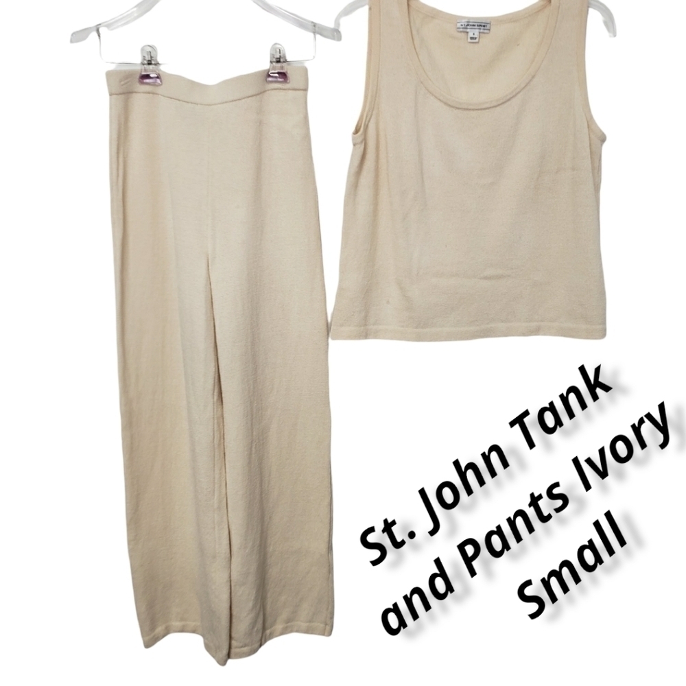 St. John Evening Vtg Pant & Tank Suit Winter Ivory Knit Small sz 2 See Details